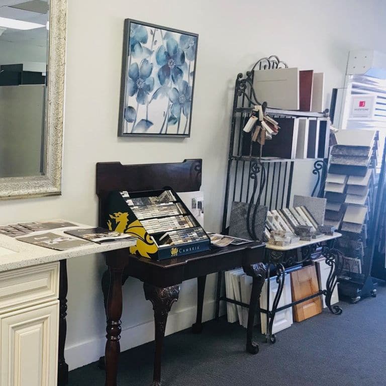 Bathroom and kitchen material samples in the Precision showroom in North Fort Myers