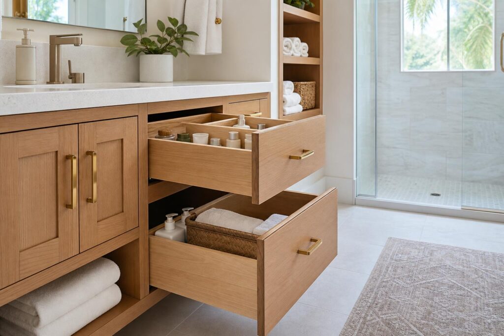 Organized bathroom drawers and linen storage