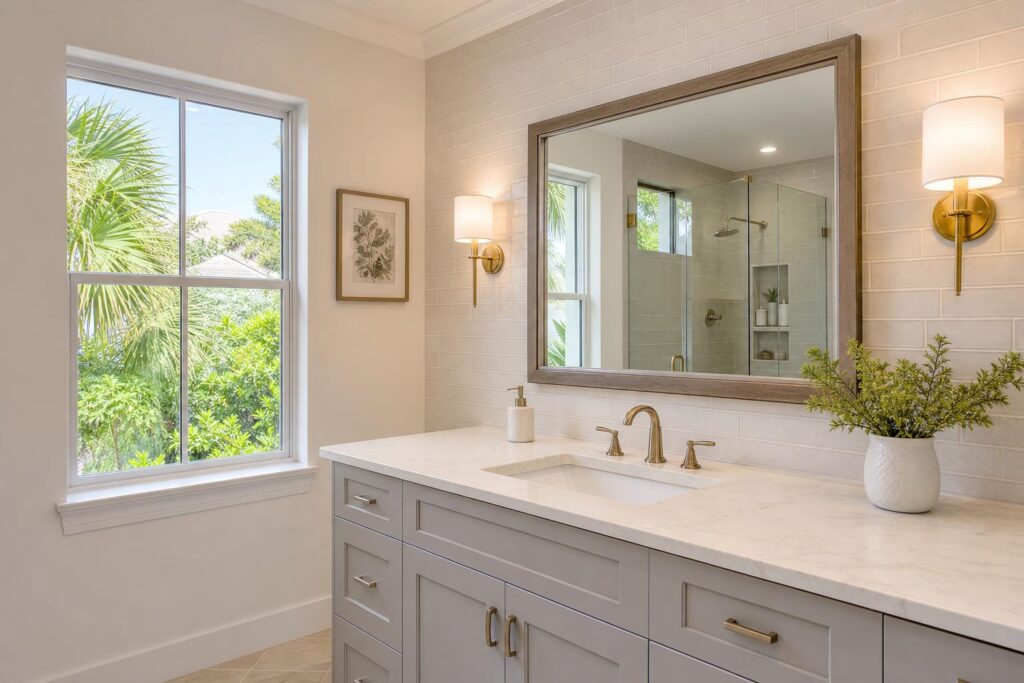 Bathroom vanity mirror and lighting remodel
