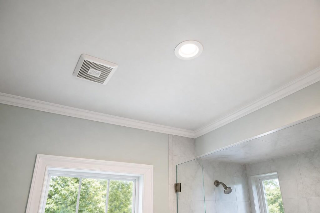 Bathroom ceiling remodel lighting and fan detail