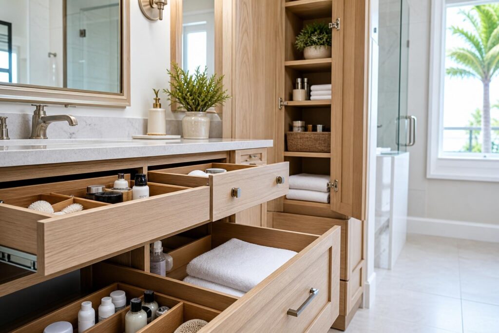 Organized bathroom drawers and linen storage