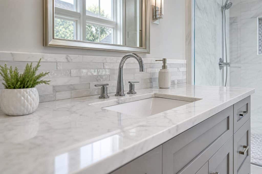 Bathroom countertop faucet and backsplash detail