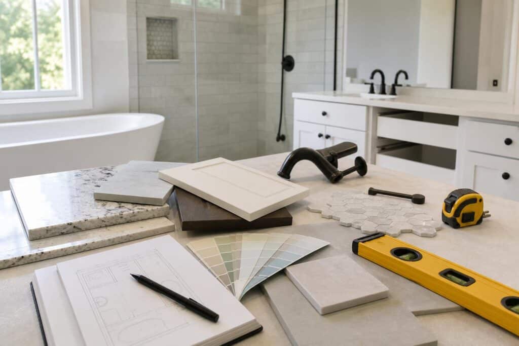 Bathroom remodel measuring tools and finish samples