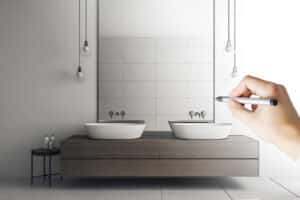 Hand drawing modern concrete bathroom interior with mirror and sinks. Design concept.