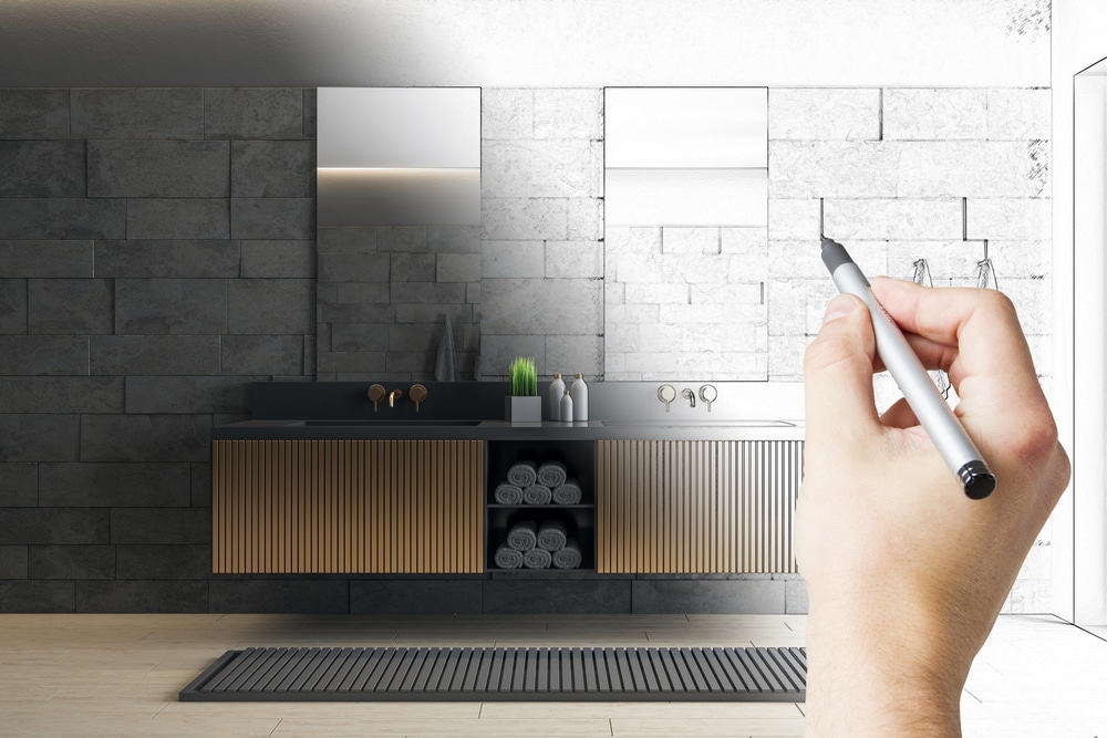 Hand drawing gray bathroom with mirror and comfortable bathtub. Style and hygiene concept. 3D Rendering
