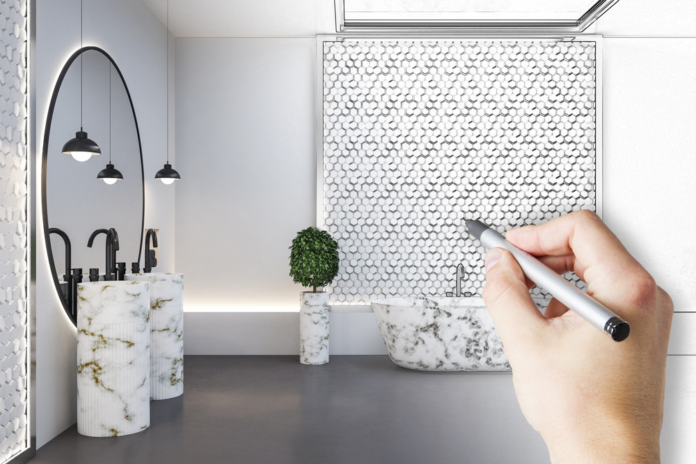 Bathroom remodel design planning with a drawn finish concept