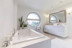 Minimal white bathroom interior for renovation planning