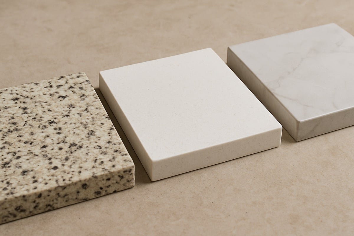 Close-up comparison of three bathroom countertop material samples side by side: speckled granite
