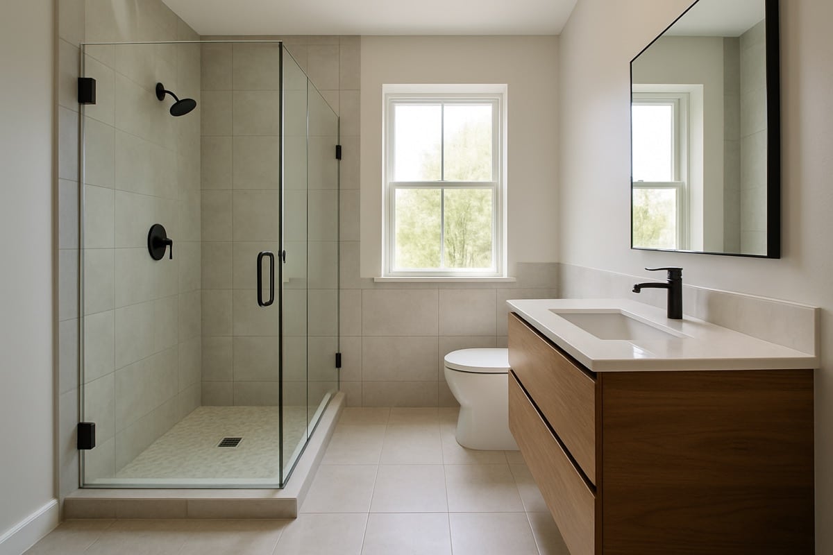 A bathroom remodel in progress with new plumbing rough-in and framing visible