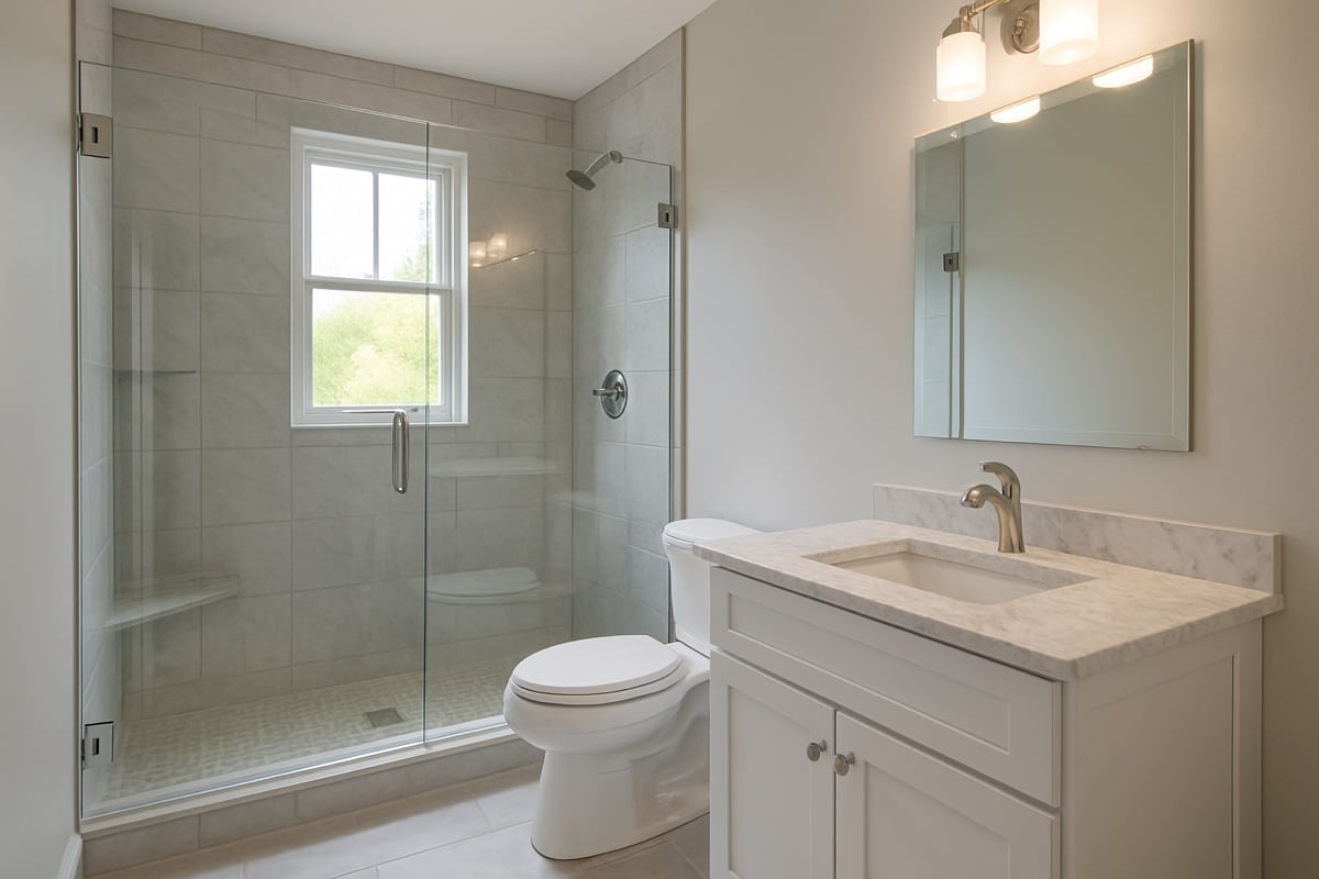 A finished modern bathroom with a licensed remodeler's clean professional workmanship