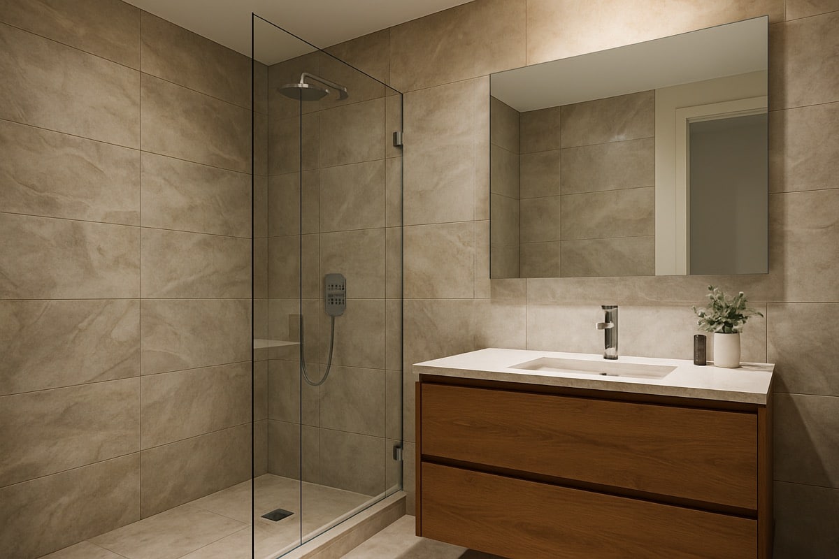 A bathroom with large-format natural stone-look porcelain tile