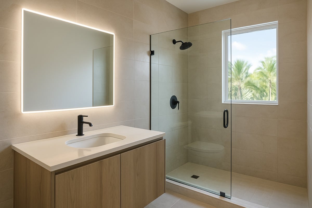A bathroom featuring matte black fixtures