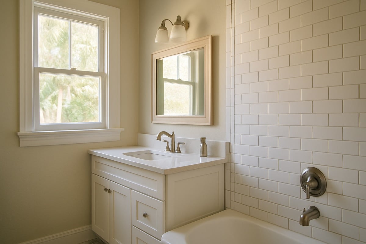 A before-style dated bathroom with old tile and a tub beside a freshly renovated modern bathroom with a walk-in shower