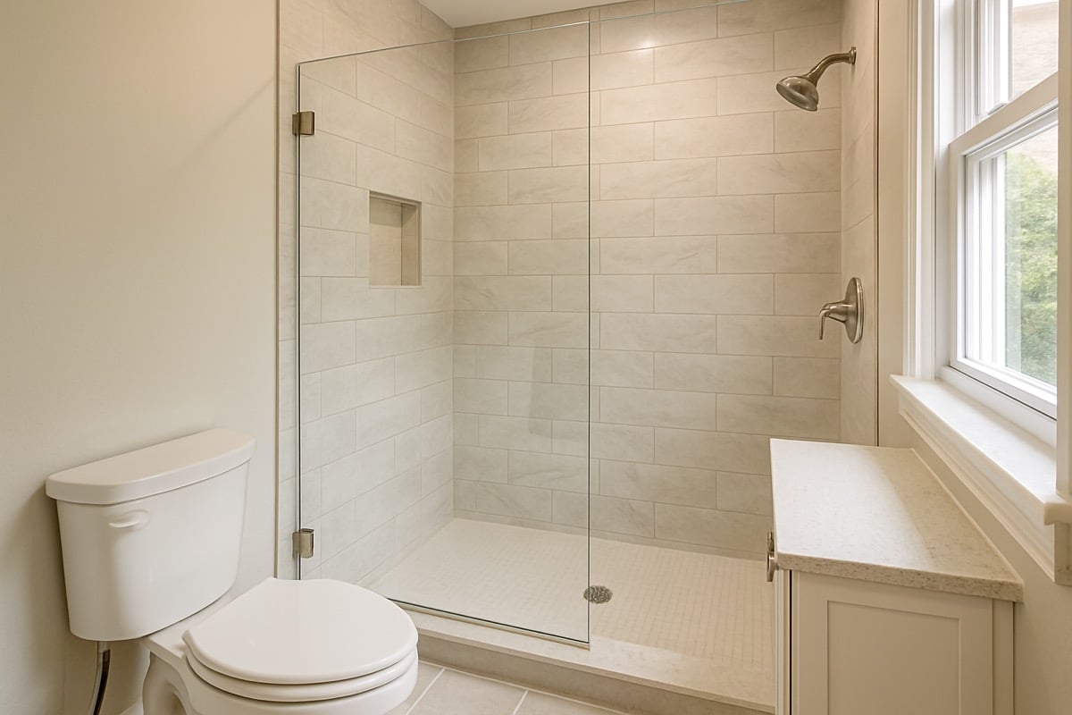 Updated plumbing and waterproofing being installed behind the walls of an older home's bathroom remodel