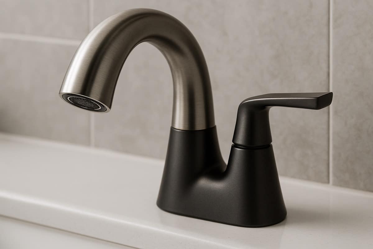 Close-up of a brushed stainless and PVD-coated bathroom faucet showing a durable corrosion-resistant finish