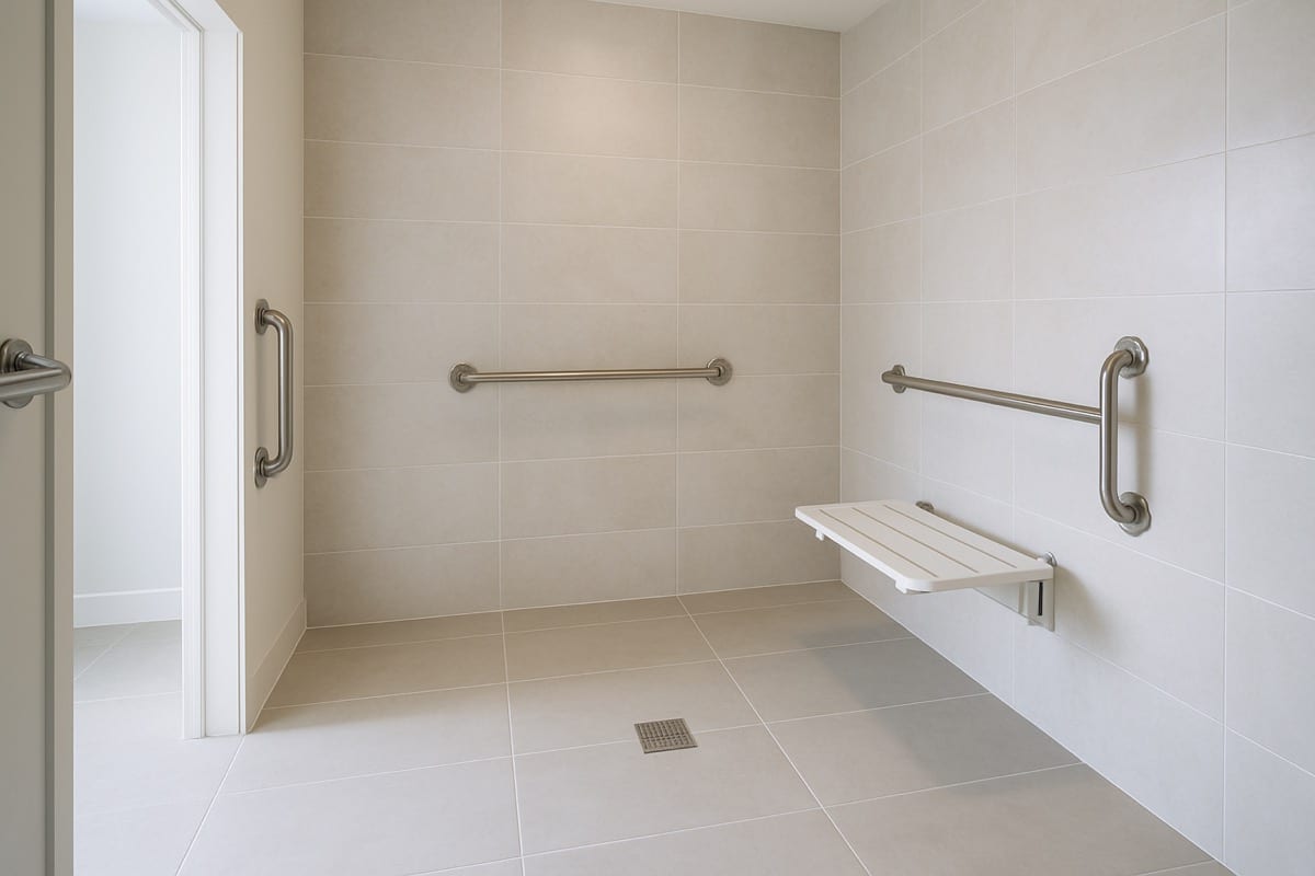 A comfort-height toilet next to a discreet wall-mounted grab bar in a clean modern bathroom