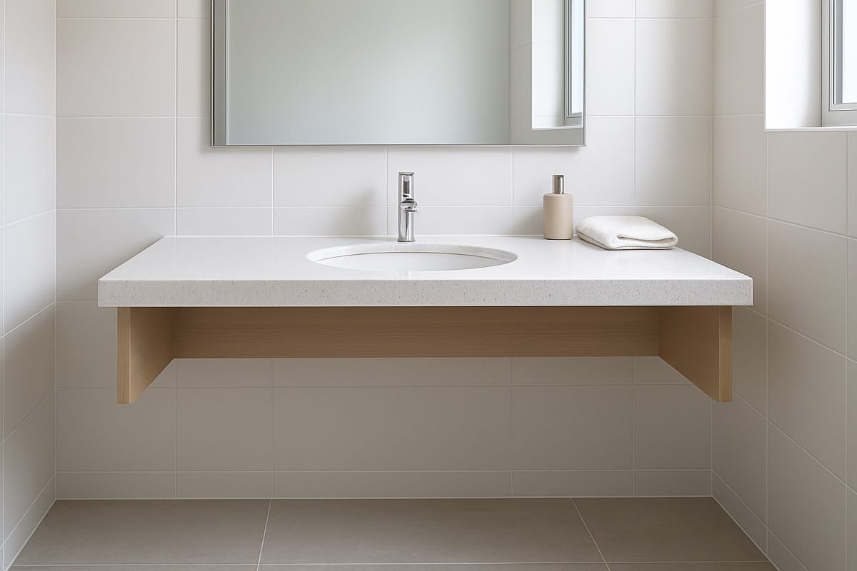 An accessible bathroom vanity with a lever-handle faucet and clear knee space underneath
