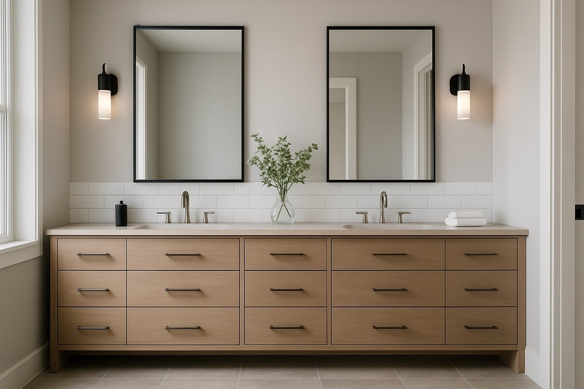 A wide double vanity with two undermount sinks