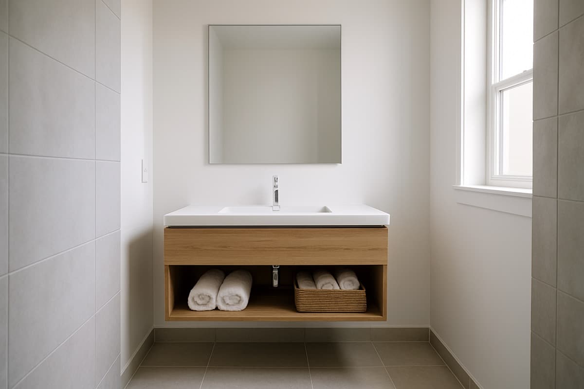 A single floating vanity with one sink and open shelf storage in a compact modern bathroom