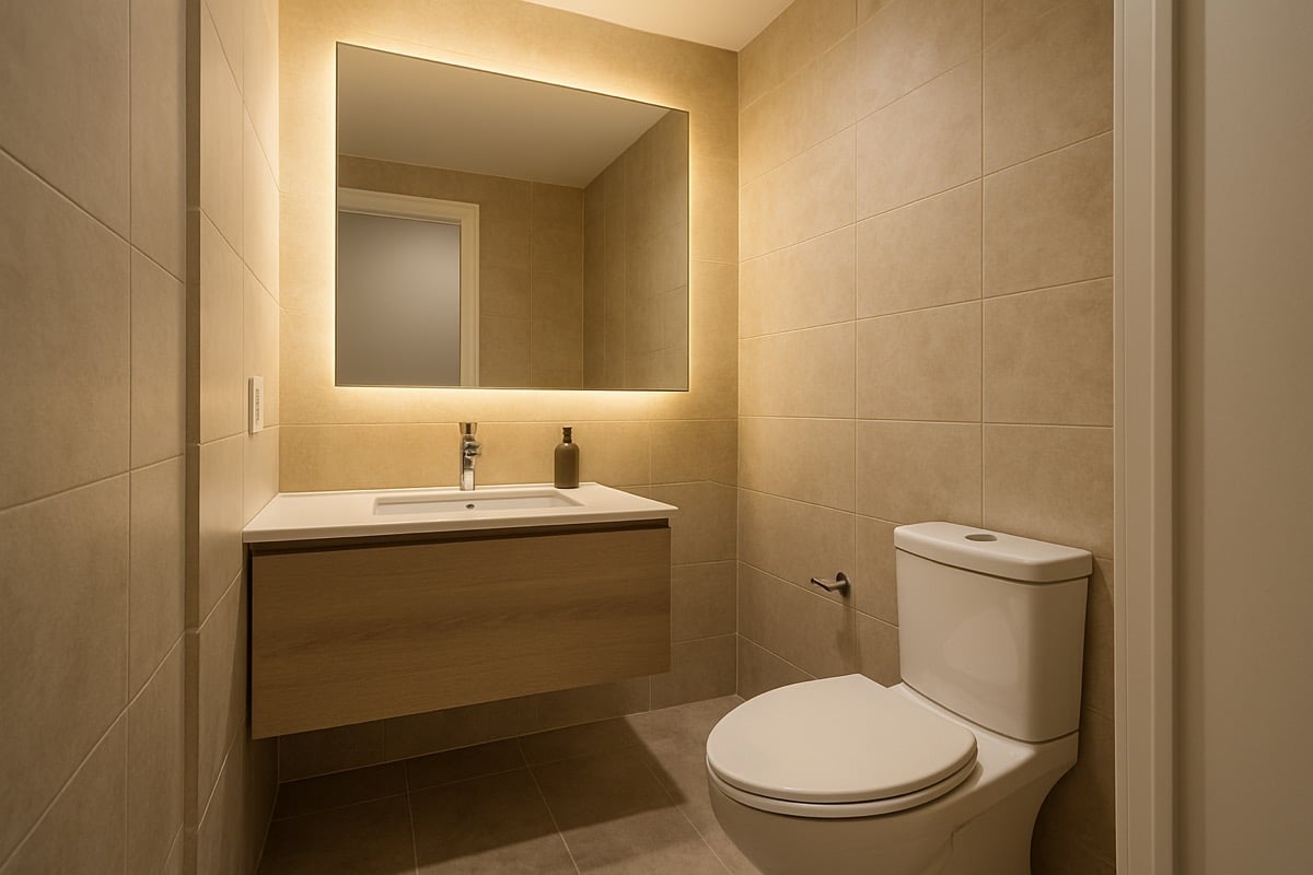 A small guest bathroom with a floating vanity