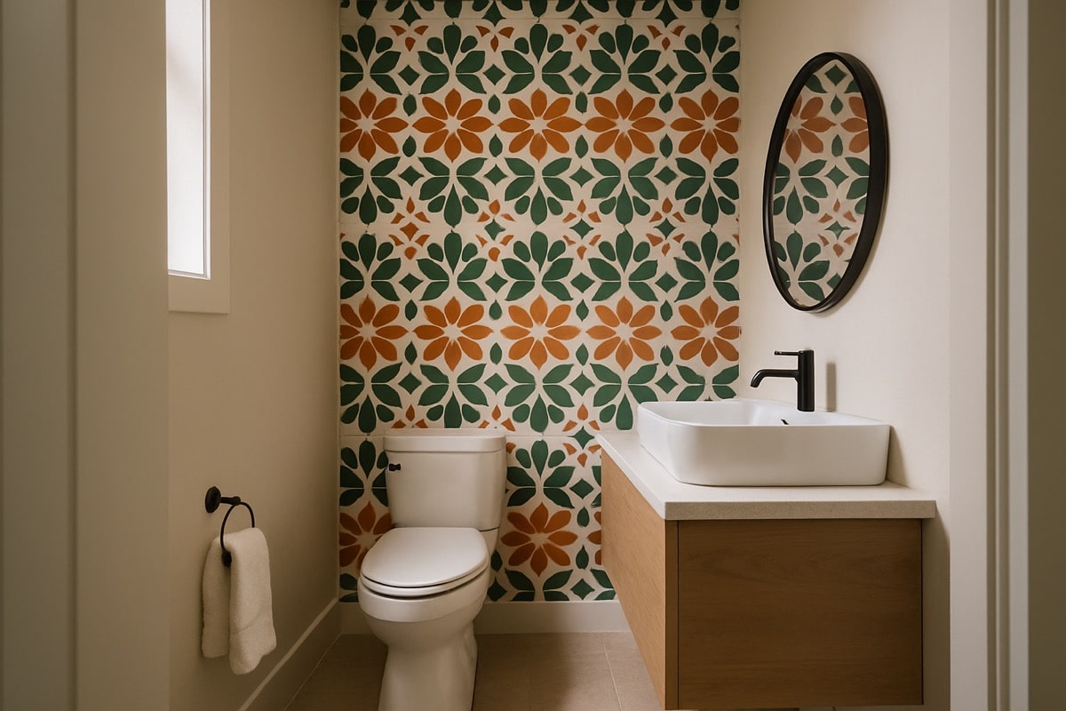 A guest powder room with a bold tile accent wall and modern fixtures