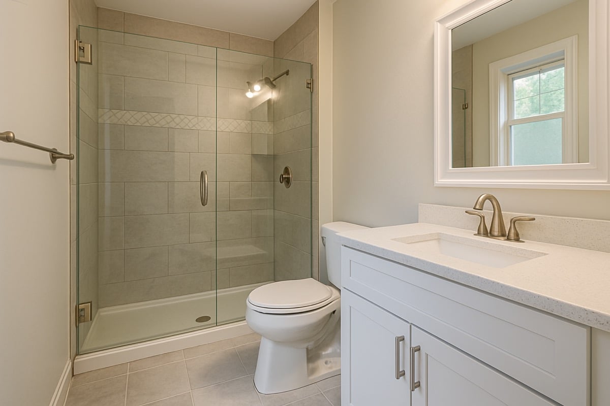 A neatly organized bathroom remodel job site with proper plumbing rough-in and protective floor covering