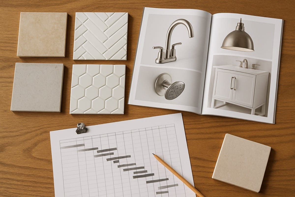 A planning table with tile samples