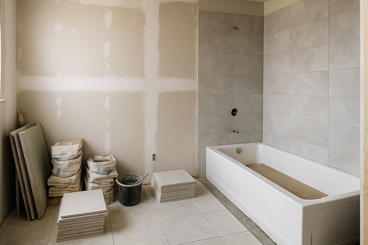 A bathroom remodel in progress with materials already on site and installation underway