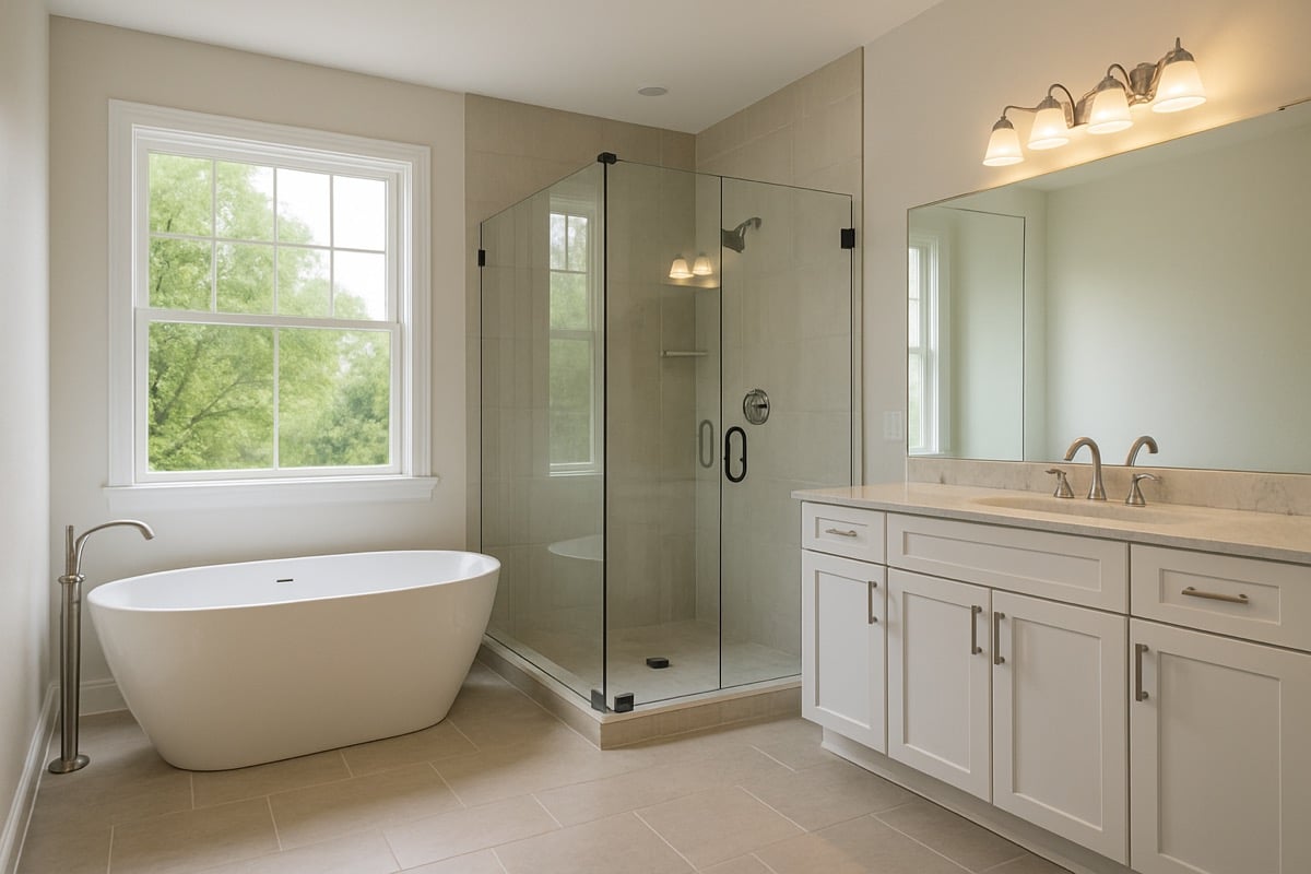 A spa-style primary bathroom with a frameless glass walk-in shower and a freestanding tub by a frosted window