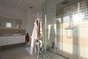 Bright walk-in shower with glass walls for accessible remodeling