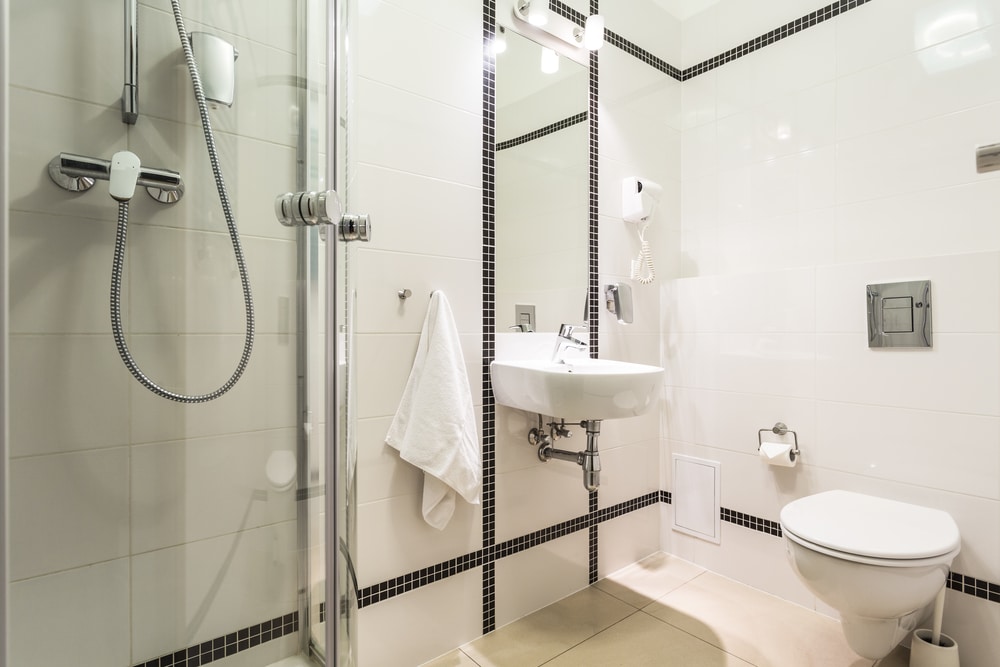 Bright bathroom with a walk-in shower for senior-friendly planning