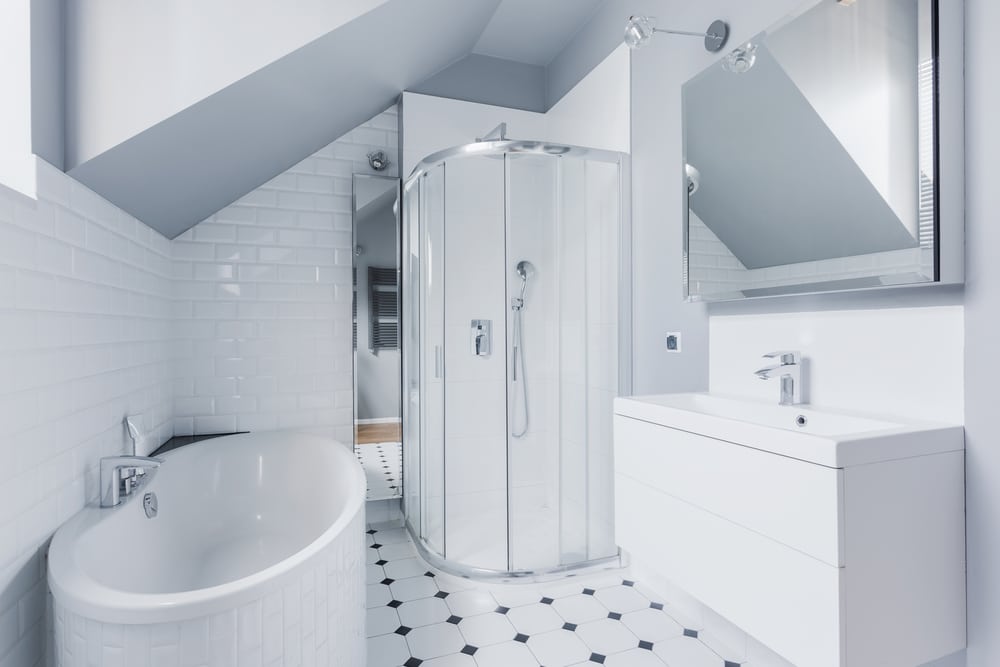 Small bright bathroom with a compact walk-in shower layout