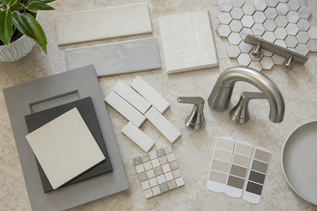 Bathroom tile and fixture samples arranged on a remodel planning table