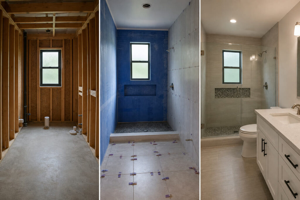 Bathroom shown through rough-in, waterproofing, and finished remodeling stages