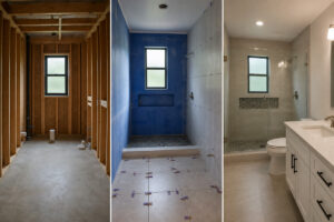 Bathroom shown through rough-in, waterproofing, and finished remodeling stages
