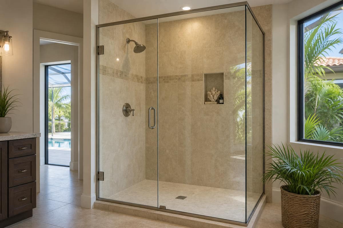 Finished semi-frameless shower enclosure with a slim metal perimeter