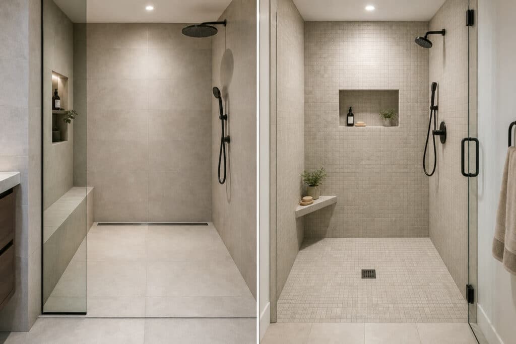 Linear-drain and center-drain walk-in showers shown side by side