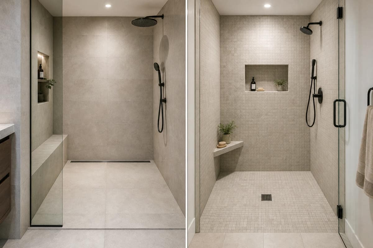 Linear-drain and center-drain walk-in showers shown side by side