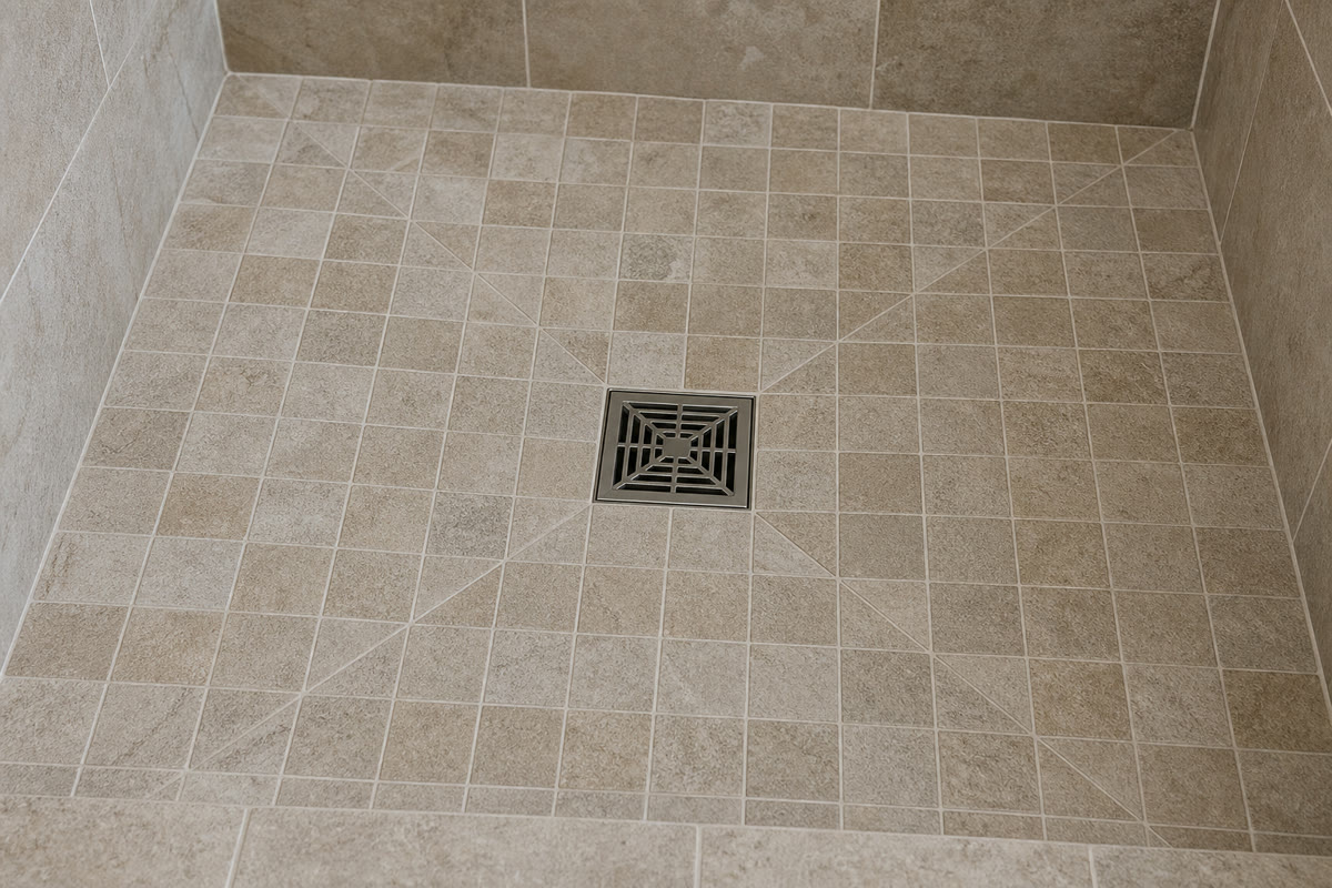 Centered square drain in a small-format tiled shower floor