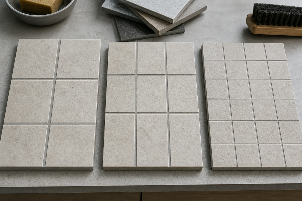 Three grout sample boards with different joint widths and textures