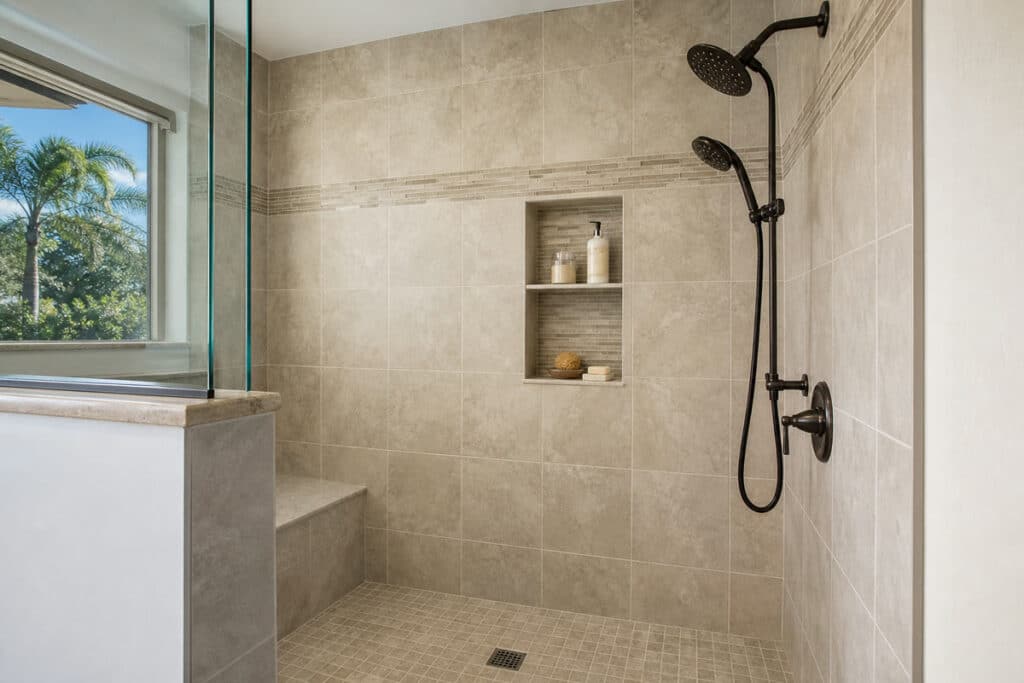 Finished tiled shower niche aligned with the grout layout