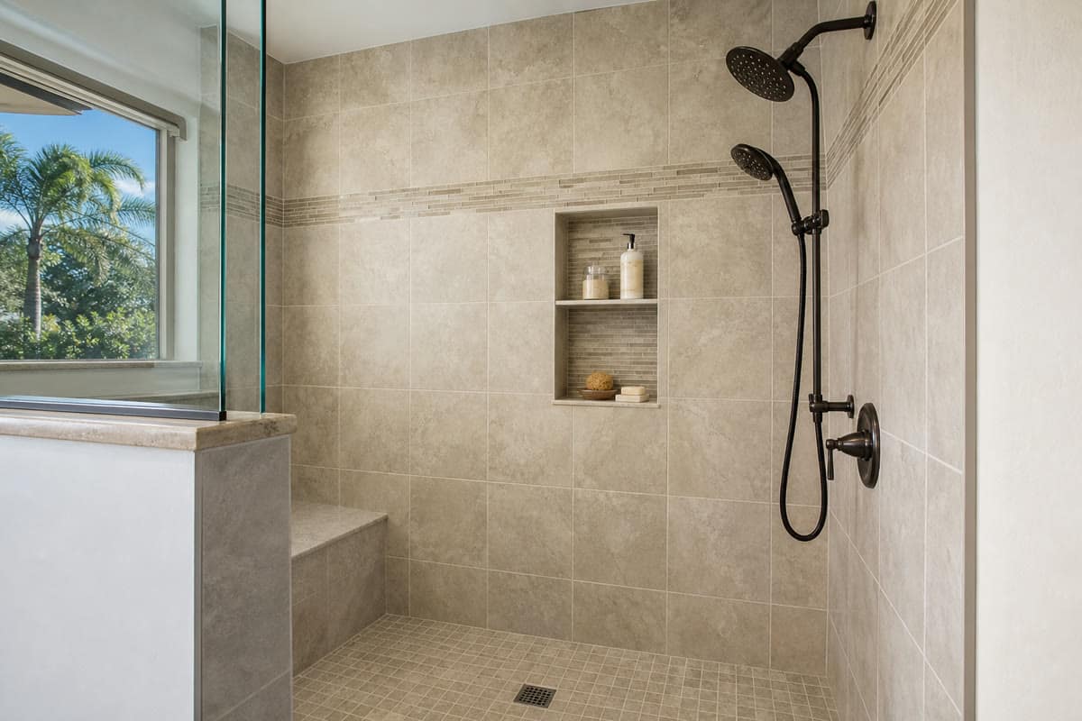 Finished tiled shower niche aligned with the grout layout