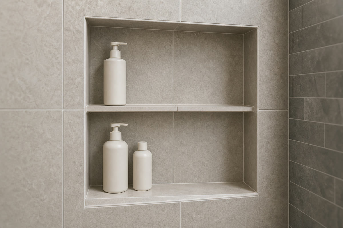 Two-shelf tiled shower niche holding plain bottles for scale