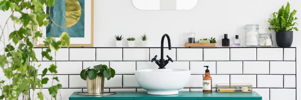 Green cabinet with fresh plant, bottle with soap and white sink with black tap in real photo of bright bathroom interior