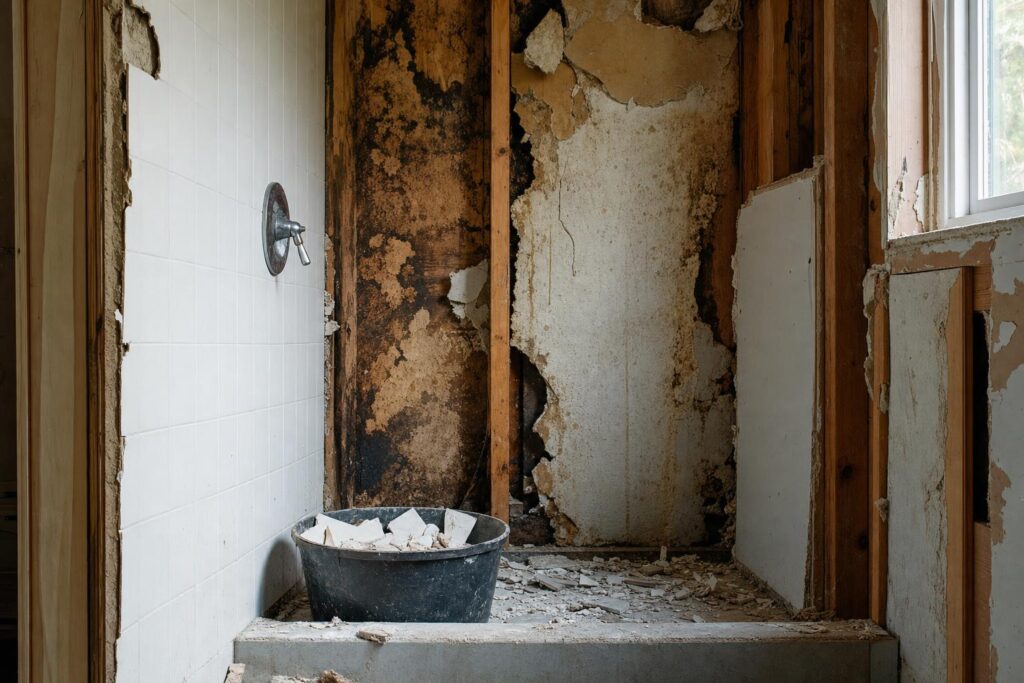 signs water damage behind shower walls photo