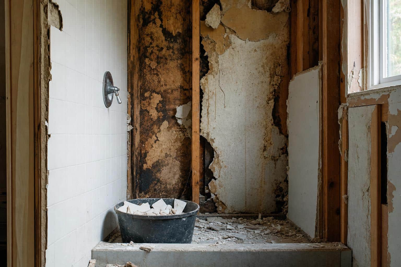 signs water damage behind shower walls photo
