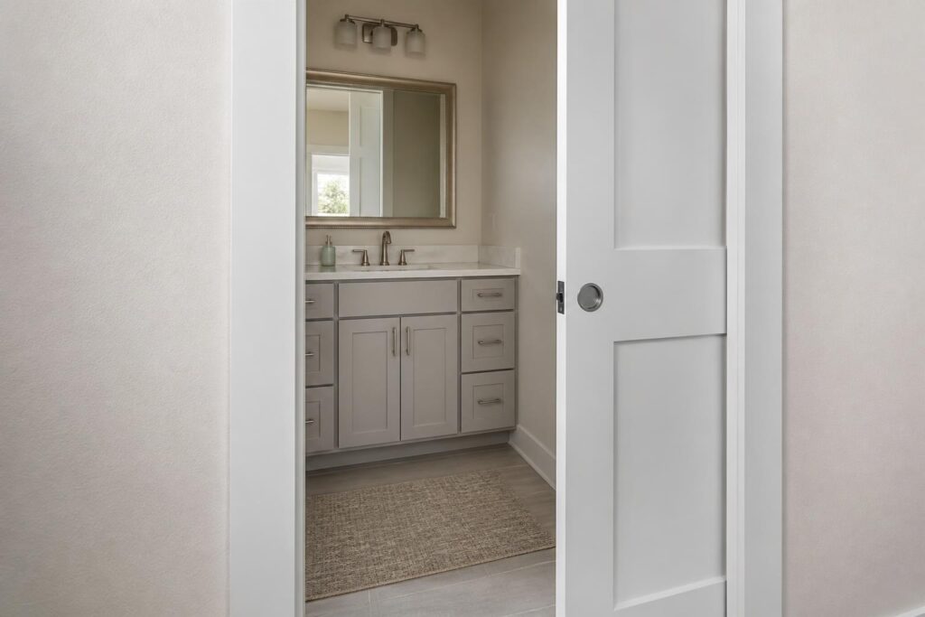 Bathroom doorway planned for hinged and pocket-door clearances