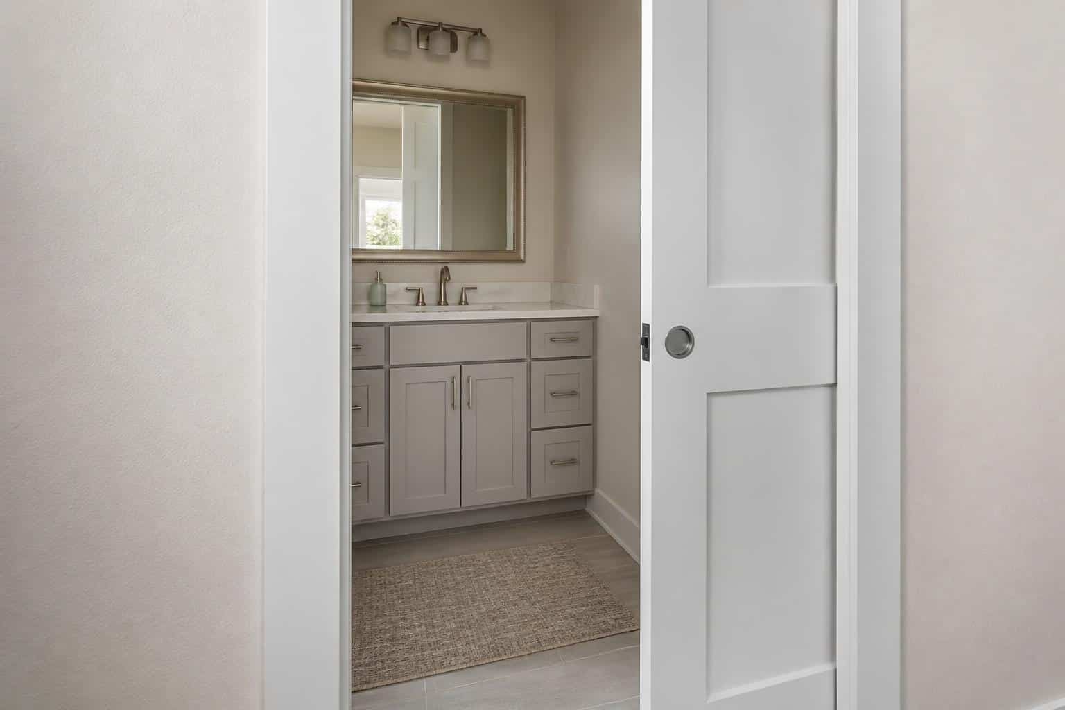 Bathroom doorway planned for hinged and pocket-door clearances