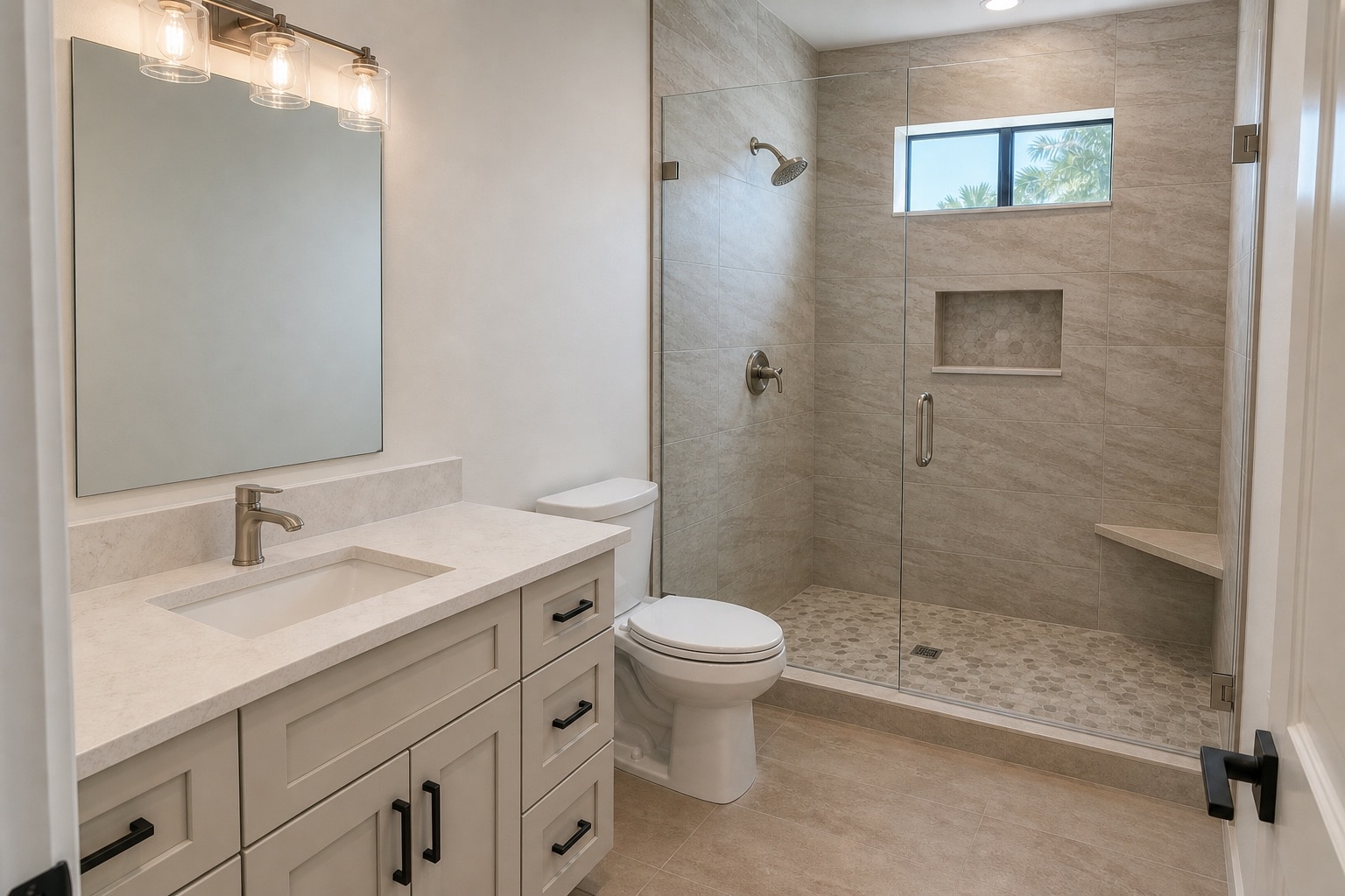 Finished bathroom with vanity, tiled shower, glass enclosure, and toilet installed