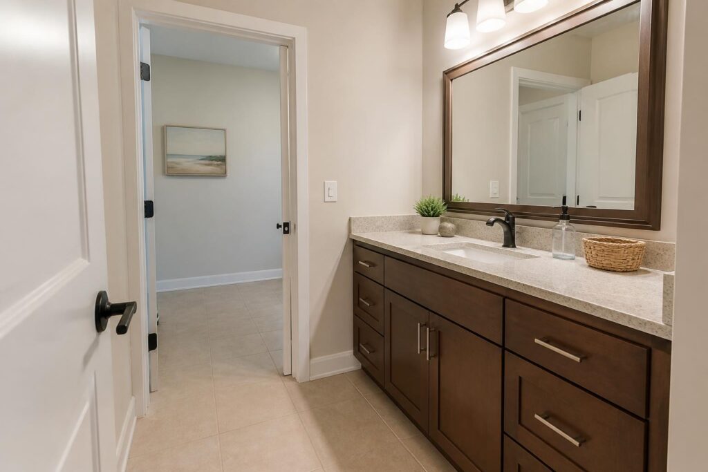 Compact bathroom vanity fitted into a small room